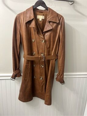 Vintage Michael Kors Genuine Leather Trench Coat Brown XL Belted